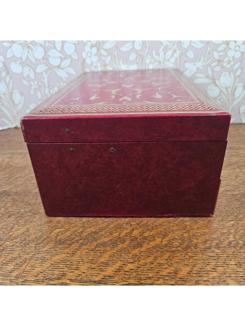 Vintage Mele Jewelry Box Burgundy Gold Tooled 2 Tier Locking Original Key